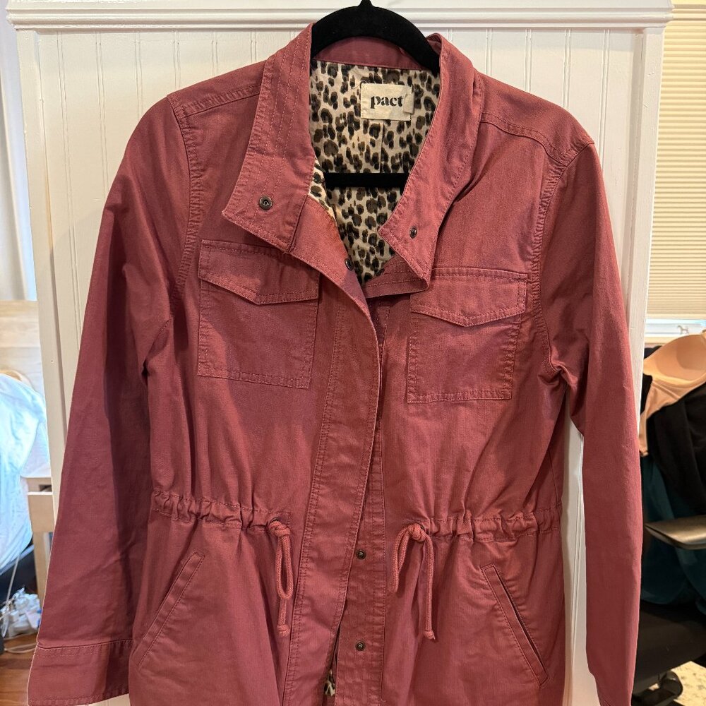 PACT Womens 100% Cotton Rose Utility Jacket Snaps Pockets Drawstring Waist Med